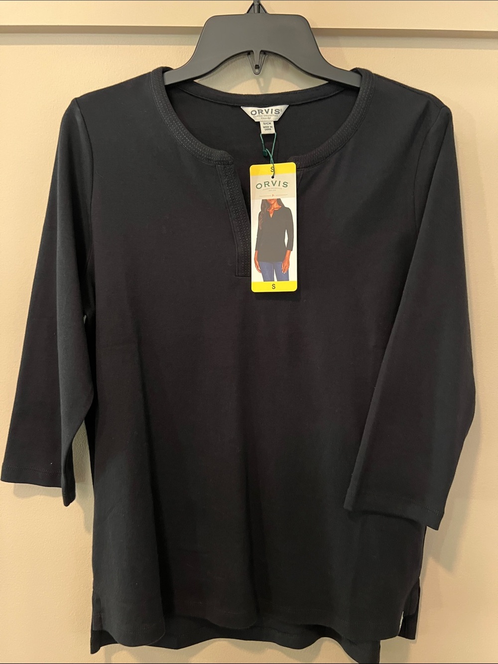 Orvis Black 3/4 Sleeve Scoop-Neck Henley Size Small NWT